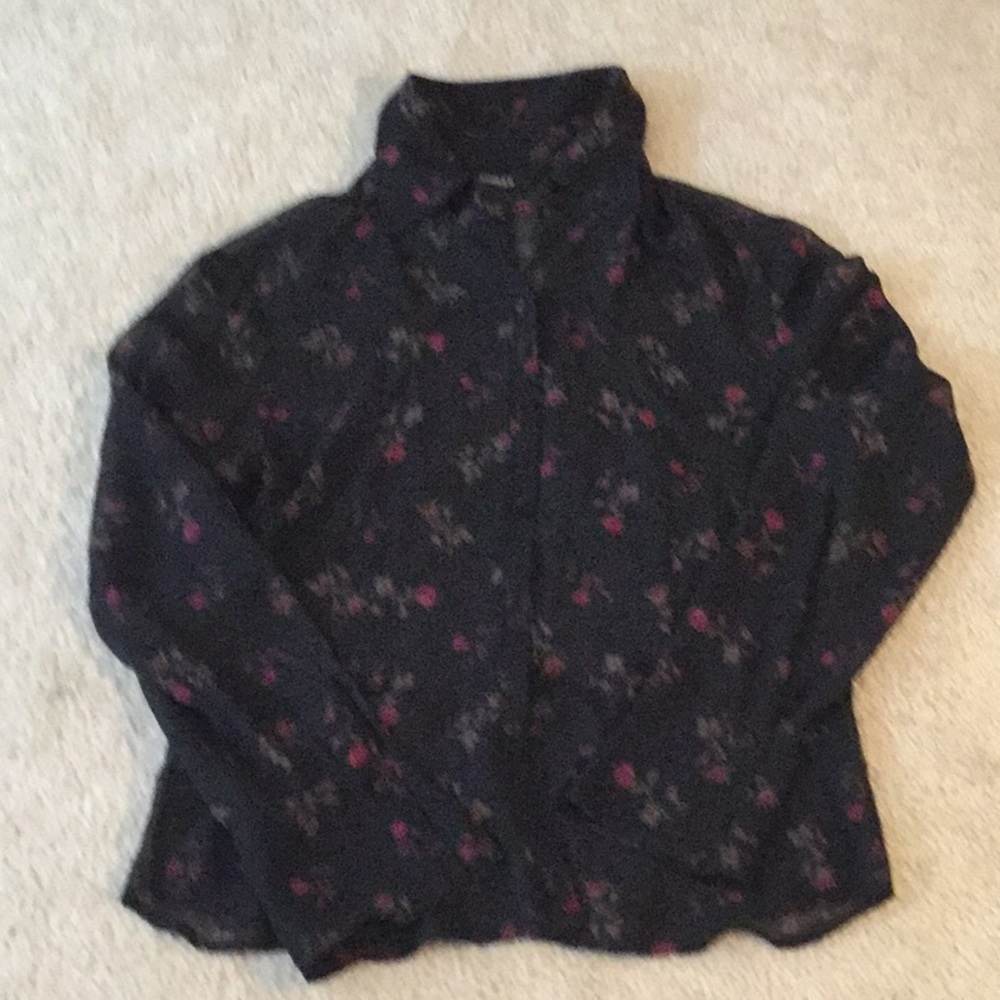 Express 100% Silk  Black & Pink Rose Sheer Blouse